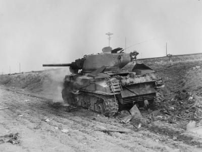 Burning M4A3 76 Sherman Tank 1st Armored Division February 1945