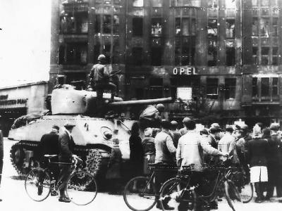 Crowd by US 2nd Armored Division M4 Tank at Opel Hotel in Berlin July 1945