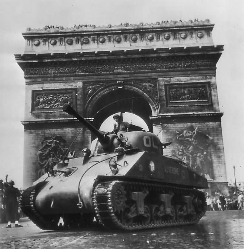 French Armored Division M4 Sherman Tank at Arc de Triomphe in Liberated Paris