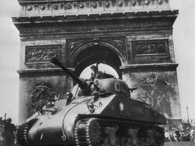 French Armored Division M4 Sherman Tank at Arc de Triomphe in Liberated Paris