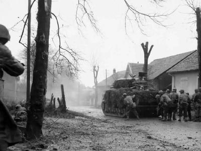 French M4 Sherman Advancing with Infantry Belfort 20 November 1944