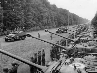 Gen George Marshall inspects troops and M4 Sherman tanks of the US 2nd Armored Division near Berlin 1945