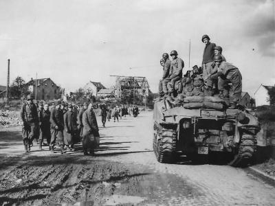 German Soldiers Surrender to 1st Army M4 Sherman Tank Crew in Aachen 1945