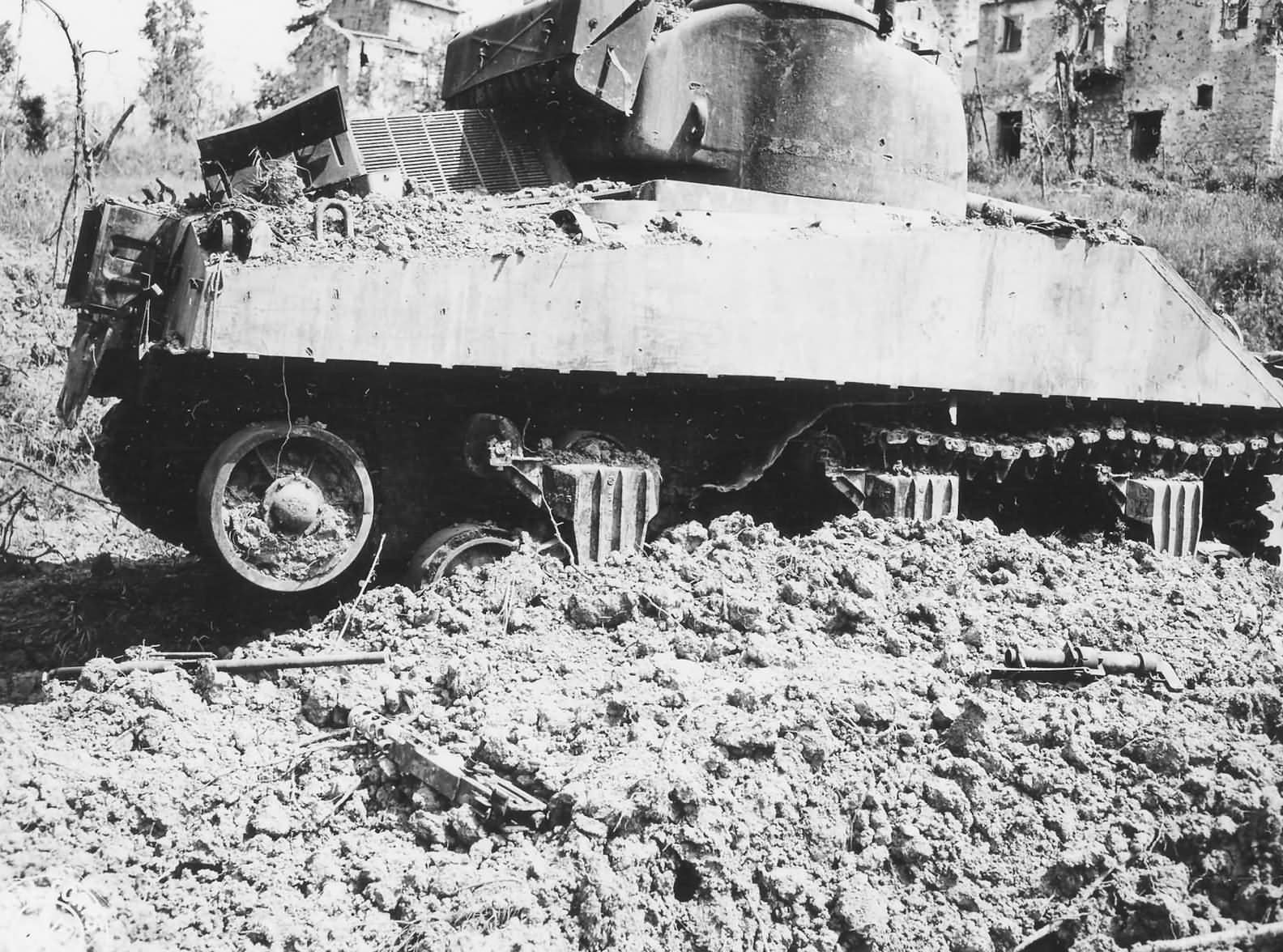 Knocked Out American M4 Sherman Tank in Ruins of Castelforte Italy 1944