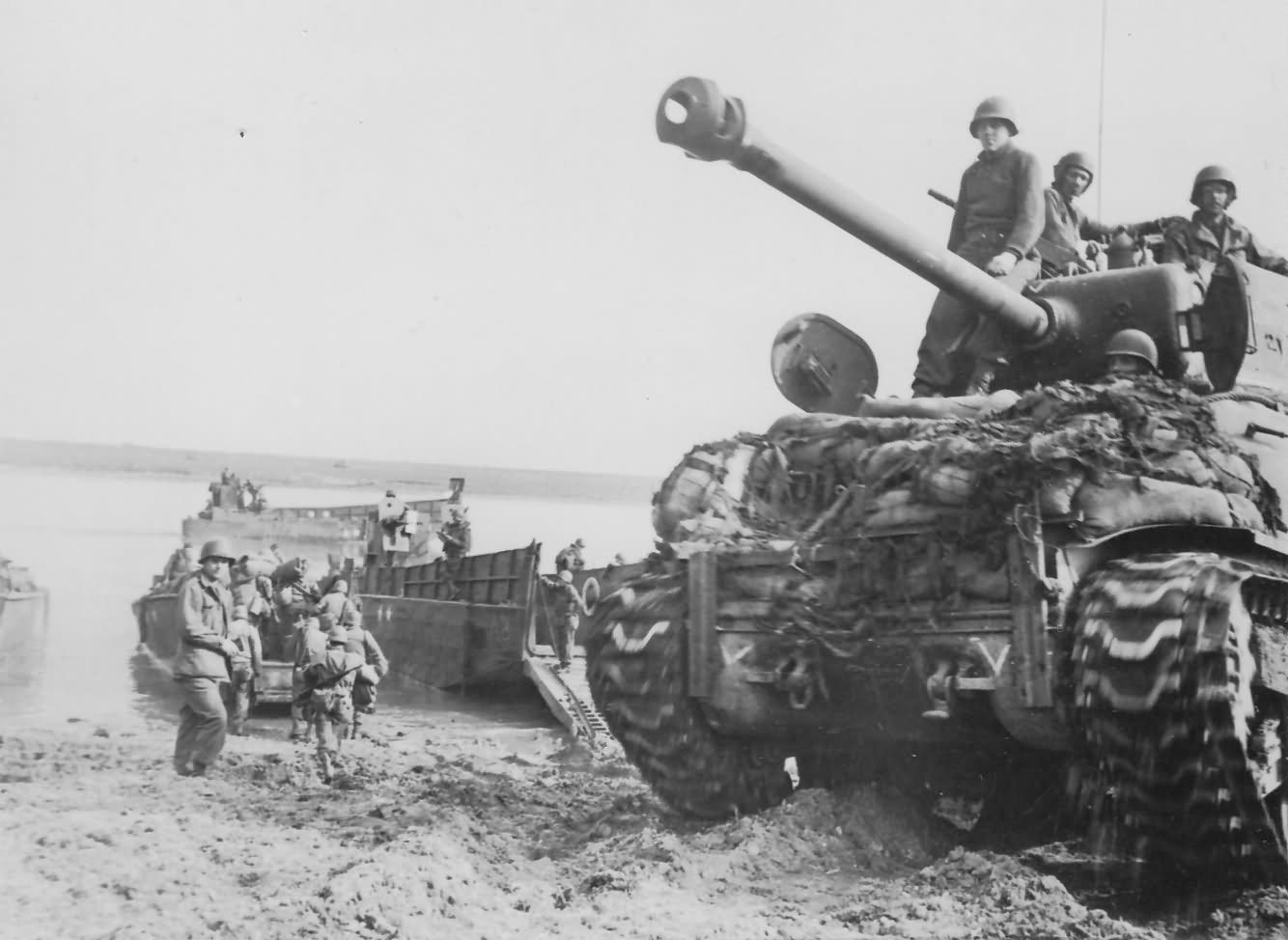 M4 Sherman Crosses Rhine River In Landing Craft Germany 1945