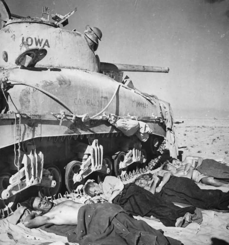 M4 New Zealand Tank Crew Rests beside US tank in Africa desert
