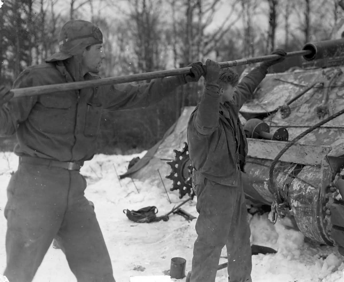 M4 Sherman Tank soldiers cleaning 105mm gun Luxembourg 1945