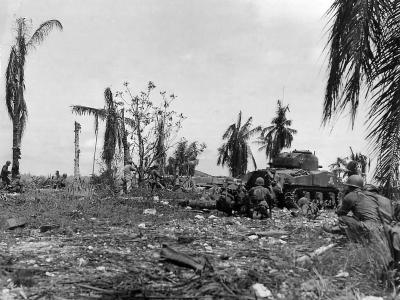 M4 Sherman and troops Advance on Japanese Pillbox at Orote Point Guam