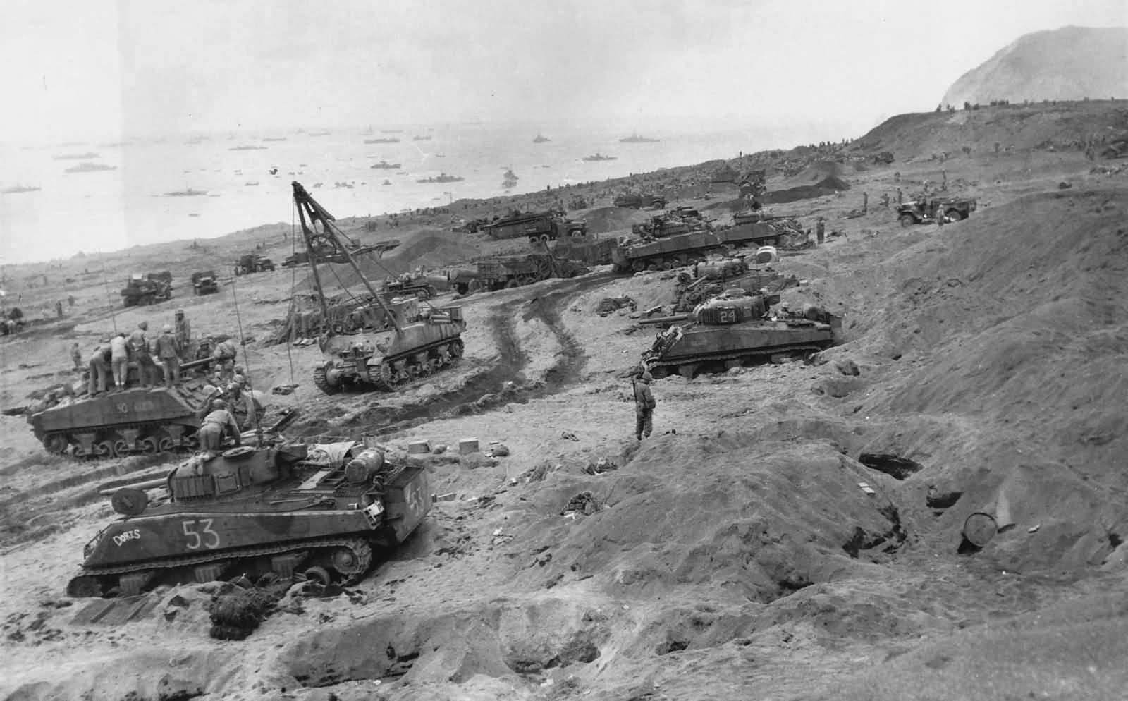 M4 Sherman tanks Equipment for Battle coming ashore Iwo Jima 3 February 1945