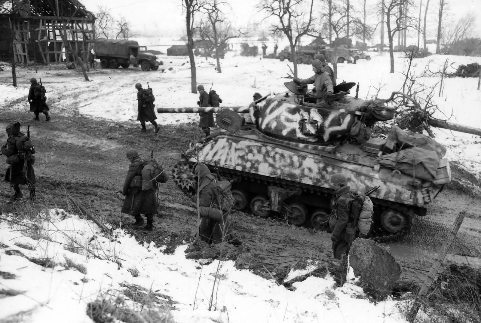 M4A3 Sherman with winter camouflage and Soldiers in Riedwihr France January 1945