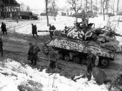 M4A3 Sherman with winter camouflage and Soldiers in Riedwihr France January 1945