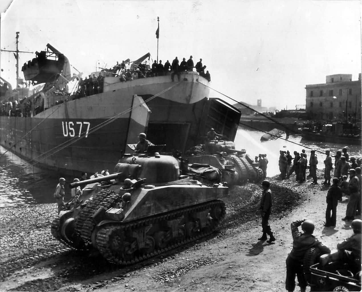 USS LST-77 off loading M4 Sherman Tanks at Anzio Italy 23 May 1944