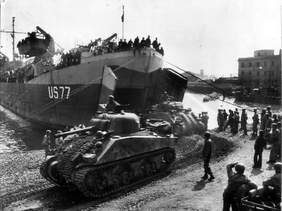 USS LST-77 off loading M4 Sherman Tanks at Anzio Italy 23 May 1944