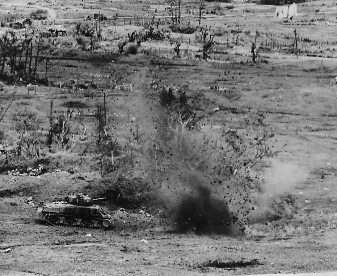 US 6th Marine Division M4 Sherman Tank Under Fire at Naha Okinawa