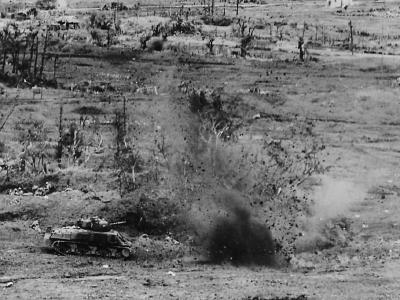 US 6th Marine Division M4 Sherman Tank Under Fire at Naha Okinawa