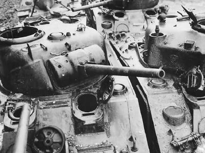 Wrecked US M4 Sherman Tanks at Ordnance Depot in France 1945