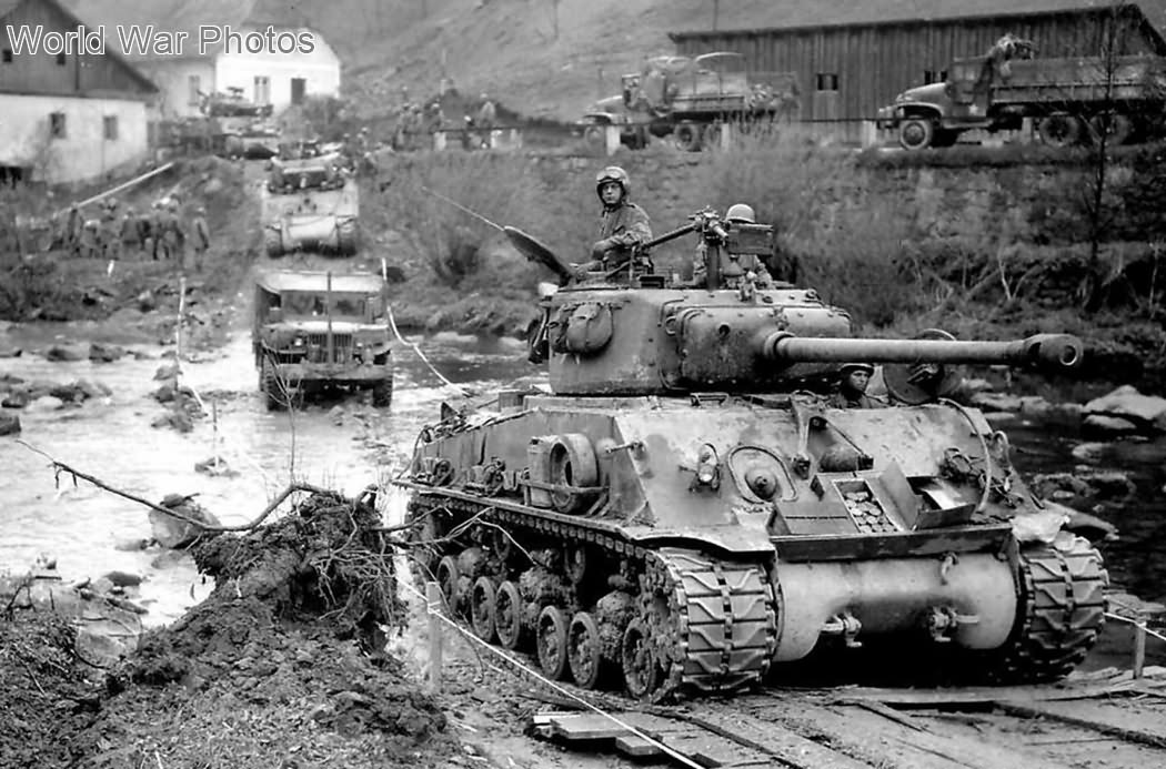 A column of CCA, 11th AD crossing Muhl River near Neufelden, Austria 4 may 1945