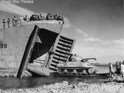 M4A1 rolls from LST during landing maneuvers 1943