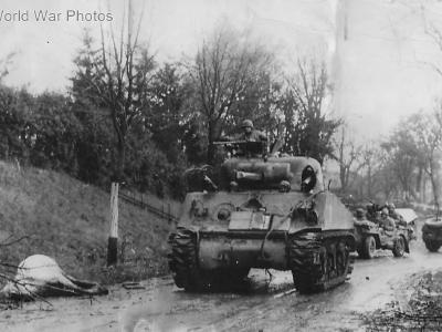 M4 and troops of Task Force Oden leaving Chateau Salins 11 November 1944