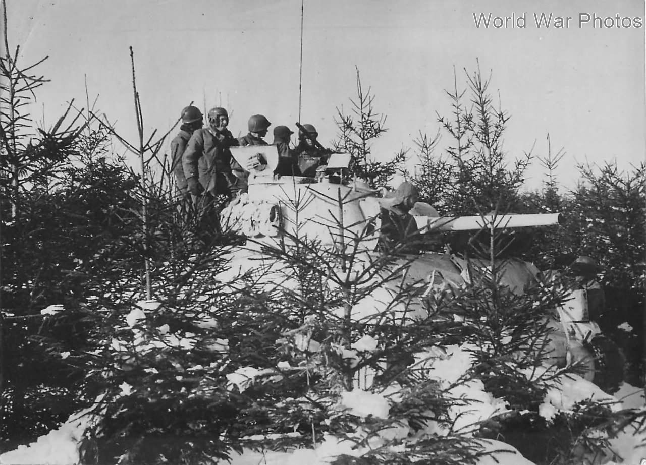 Crew atop White M4 at Rundstedt’s Salient Battle of the Bulge