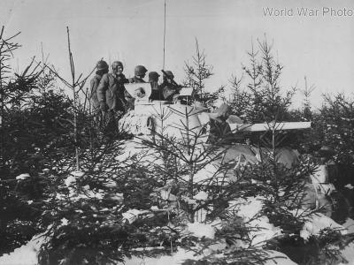Crew atop White M4 at Rundstedt’s Salient Battle of the Bulge