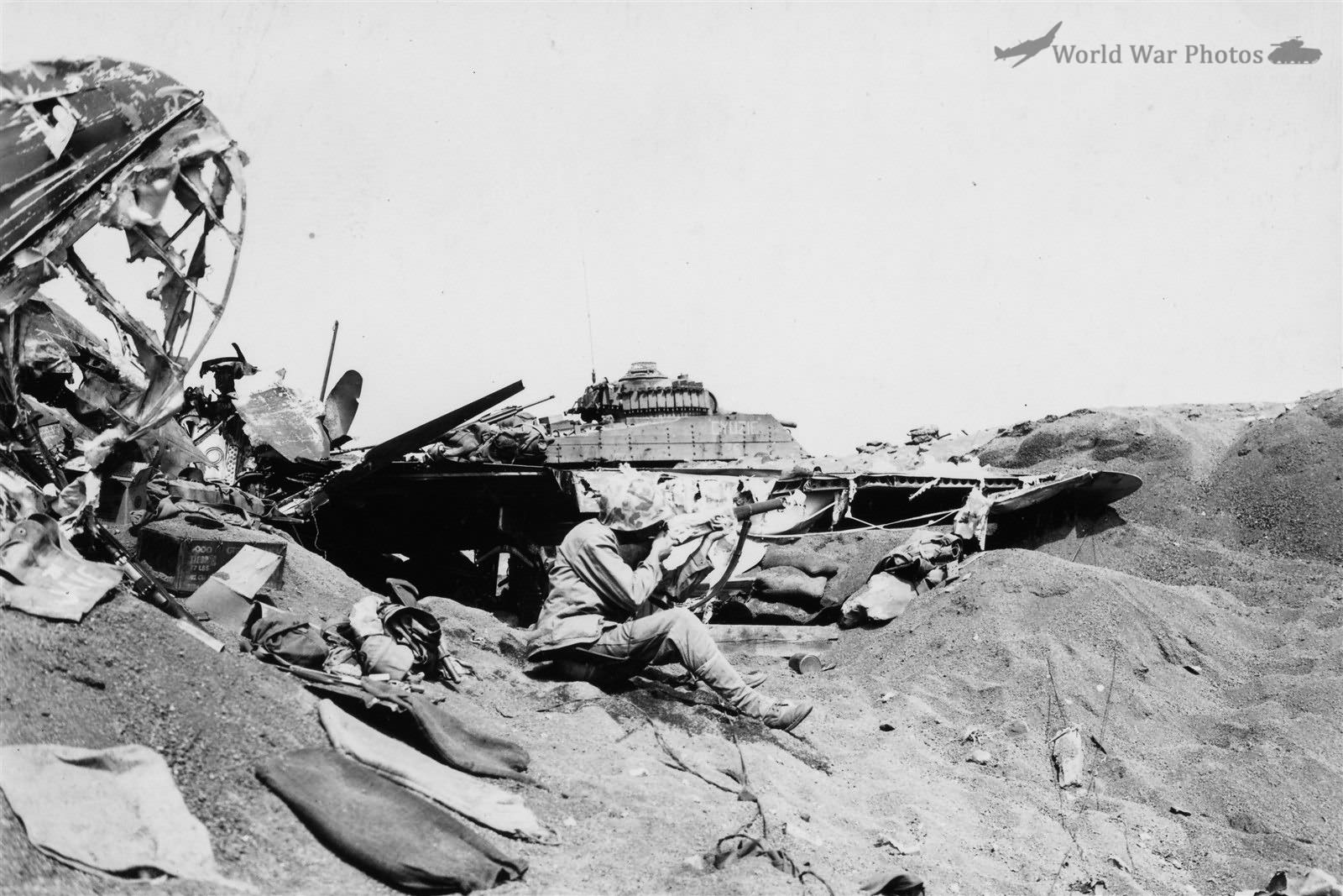 Japanese Aircraft Wreck on Iwo Jima Marine M4 Cyuzie 36 1945