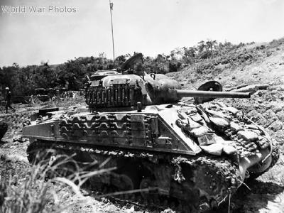 M4A3 (75) of the 1st Marine Battalion on Okinawa with additional track armour