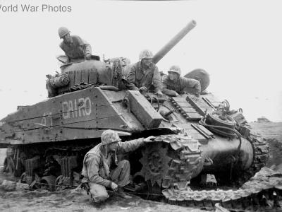 M4A3 #41 Cairo of 4th Tank Battalion with wooden side armor on the hull on Iwo Jima