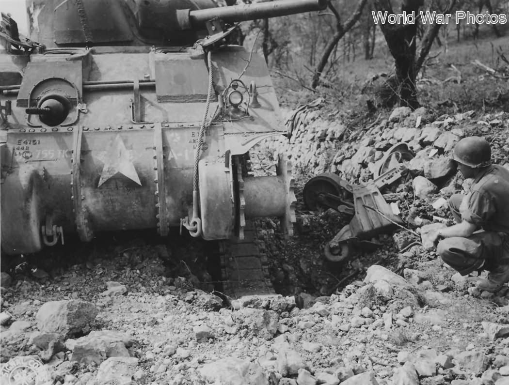 M4 of the 755th Tank Battalion mine damage Italy 1944