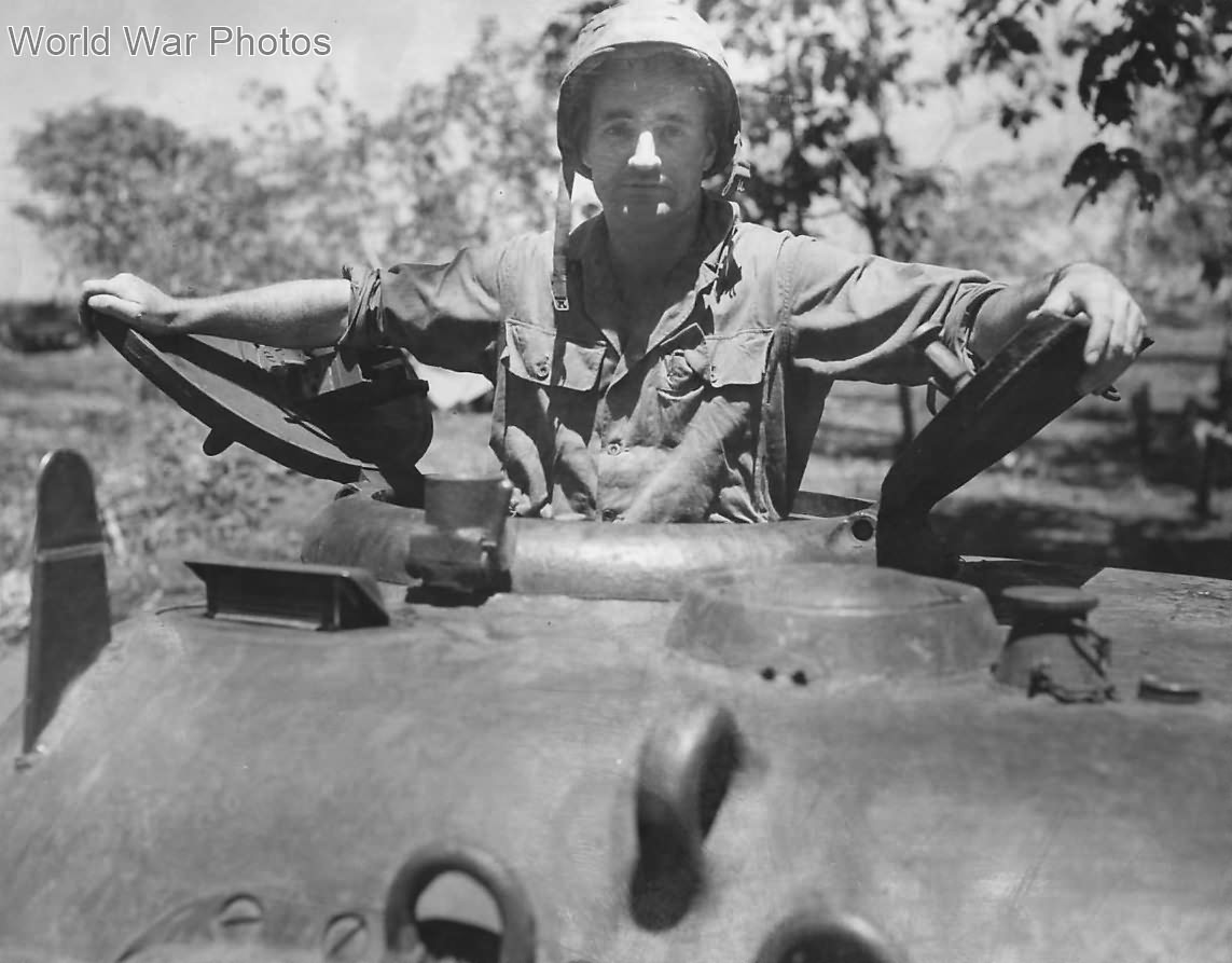 Marine Platoon Sergeant Clarence Charleston in turret of M4 on Cape Gloucester