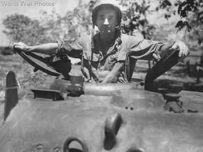 Marine Platoon Sergeant Clarence Charleston in turret of M4 on Cape Gloucester
