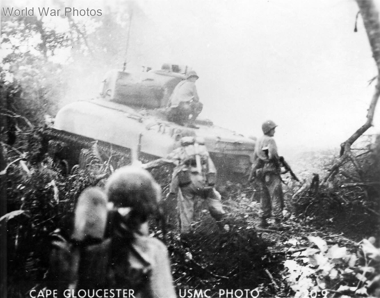 Marines follow tank M4A1 Jungle Cape Gloucester