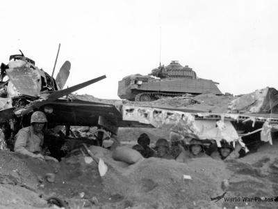 Marines in cover under Japanese Aircraft Wreck on Iwo Jima 1945 m4