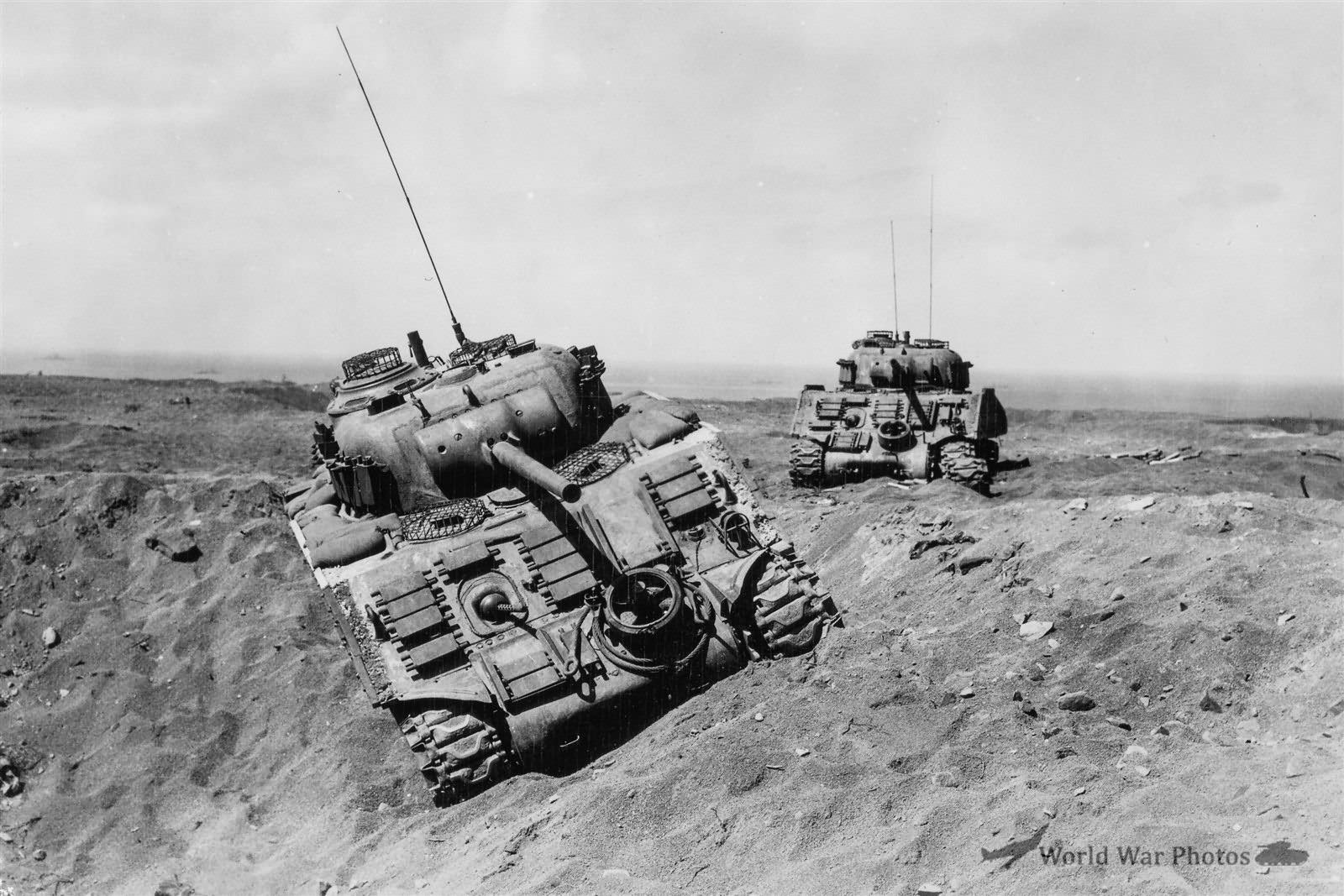 Two Knocked Out Marine M4 Sherman Tanks on Iwo Jima