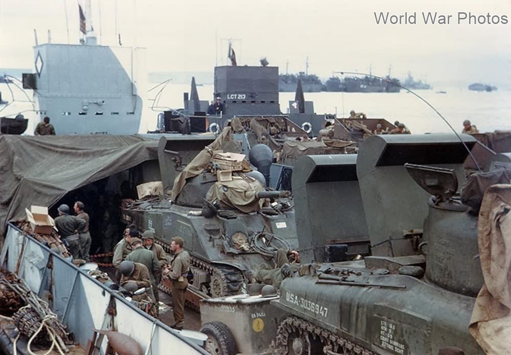 M4 tanks and other equipment loaded in a LCT ready for the invasion of France