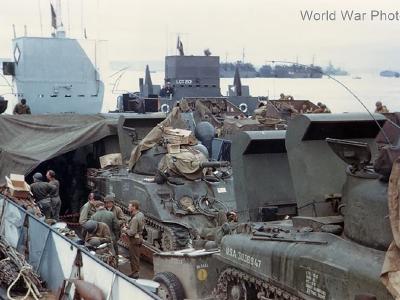 M4 tanks and other equipment loaded in a LCT ready for the invasion of France