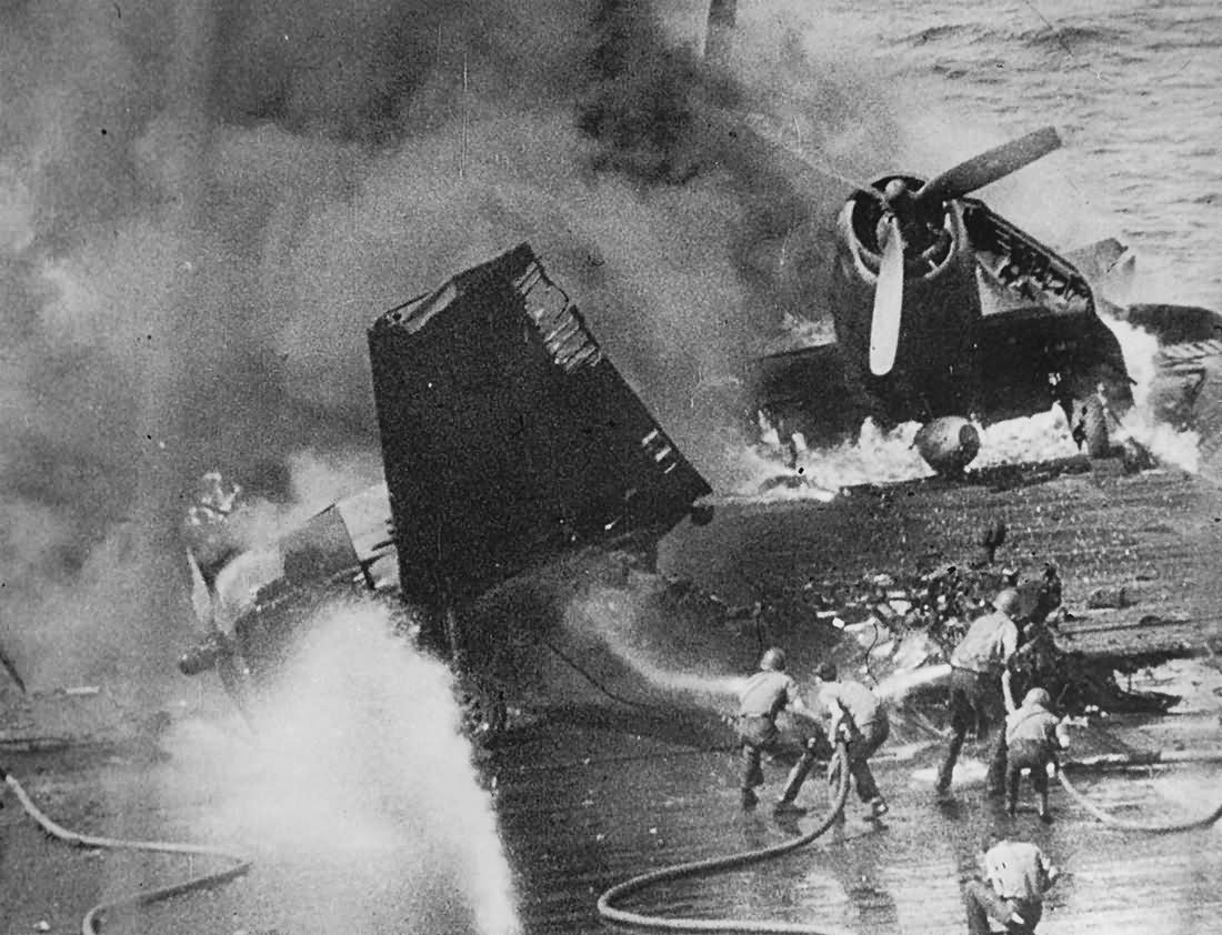 Blazing US Navy Aircraft Aboard Carrier 2nd Battle of The Philippines