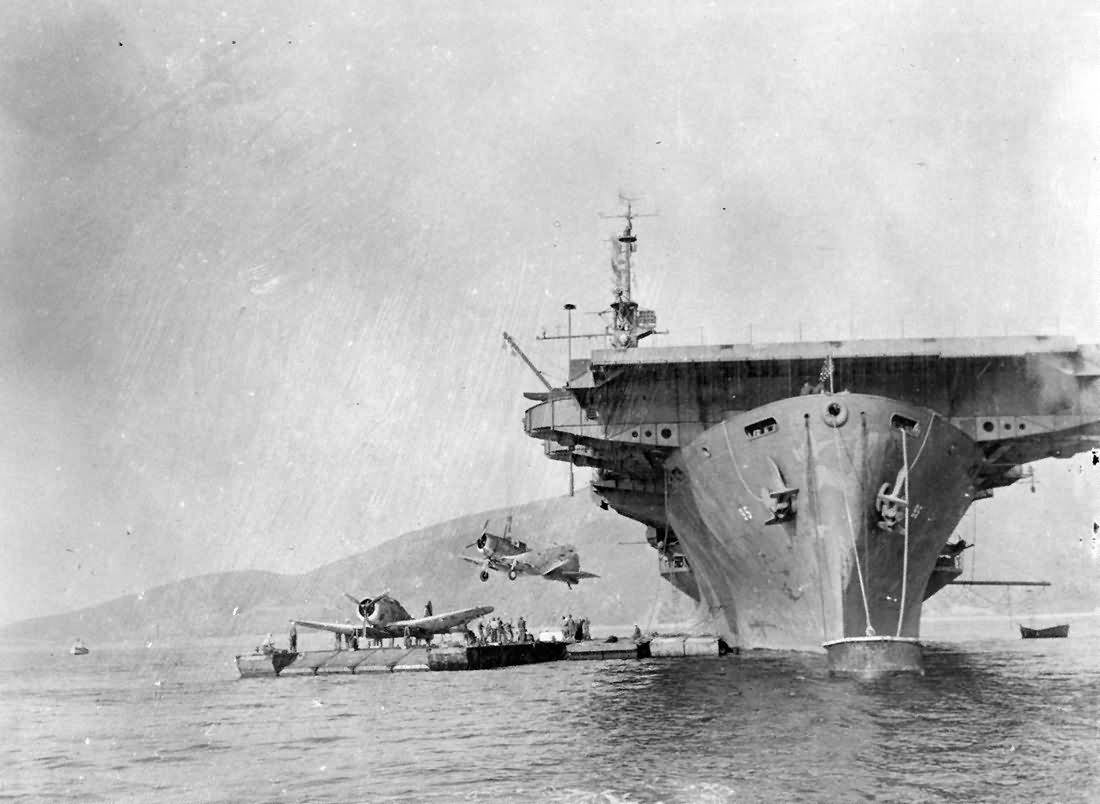 Escort carrier USS Bismarck Sea CVE-95 unloading airplanes