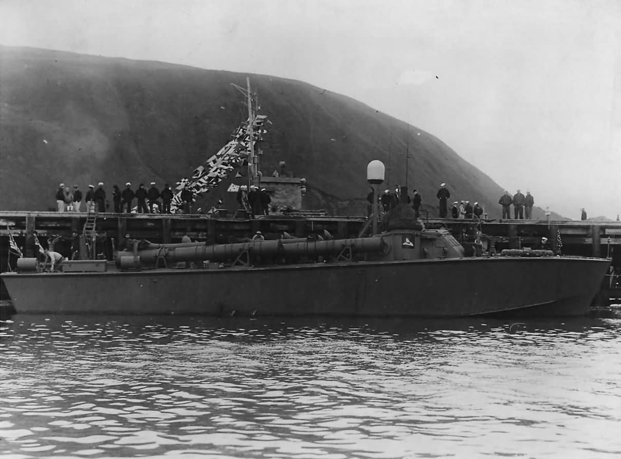 Motor torpedo boat of the Higgins 78 class USS PT-219 at naval air station in Kodiak Alaska 1943