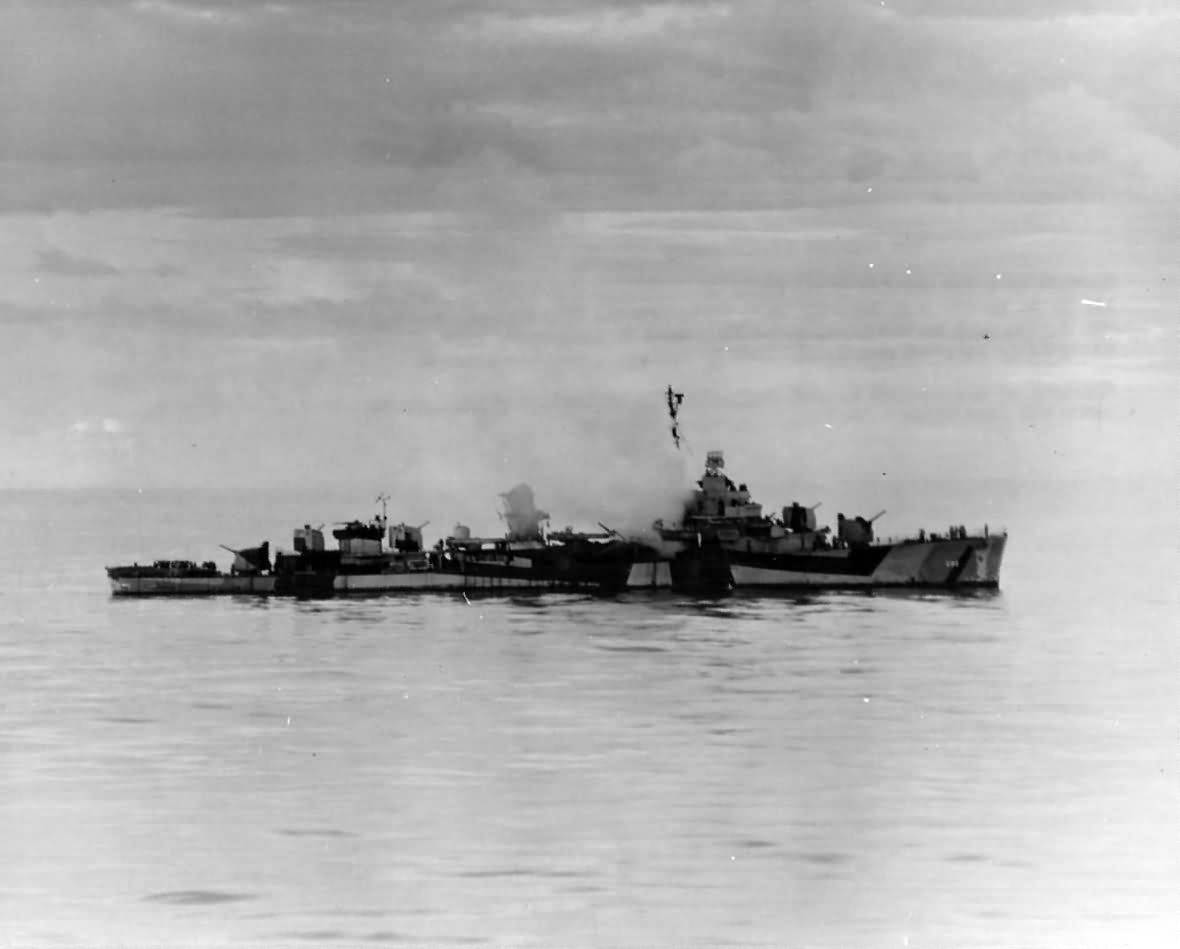 USS Haraden DD-585 Hit By Japanese Kamikaze in Sulu Sea 13 December 1944