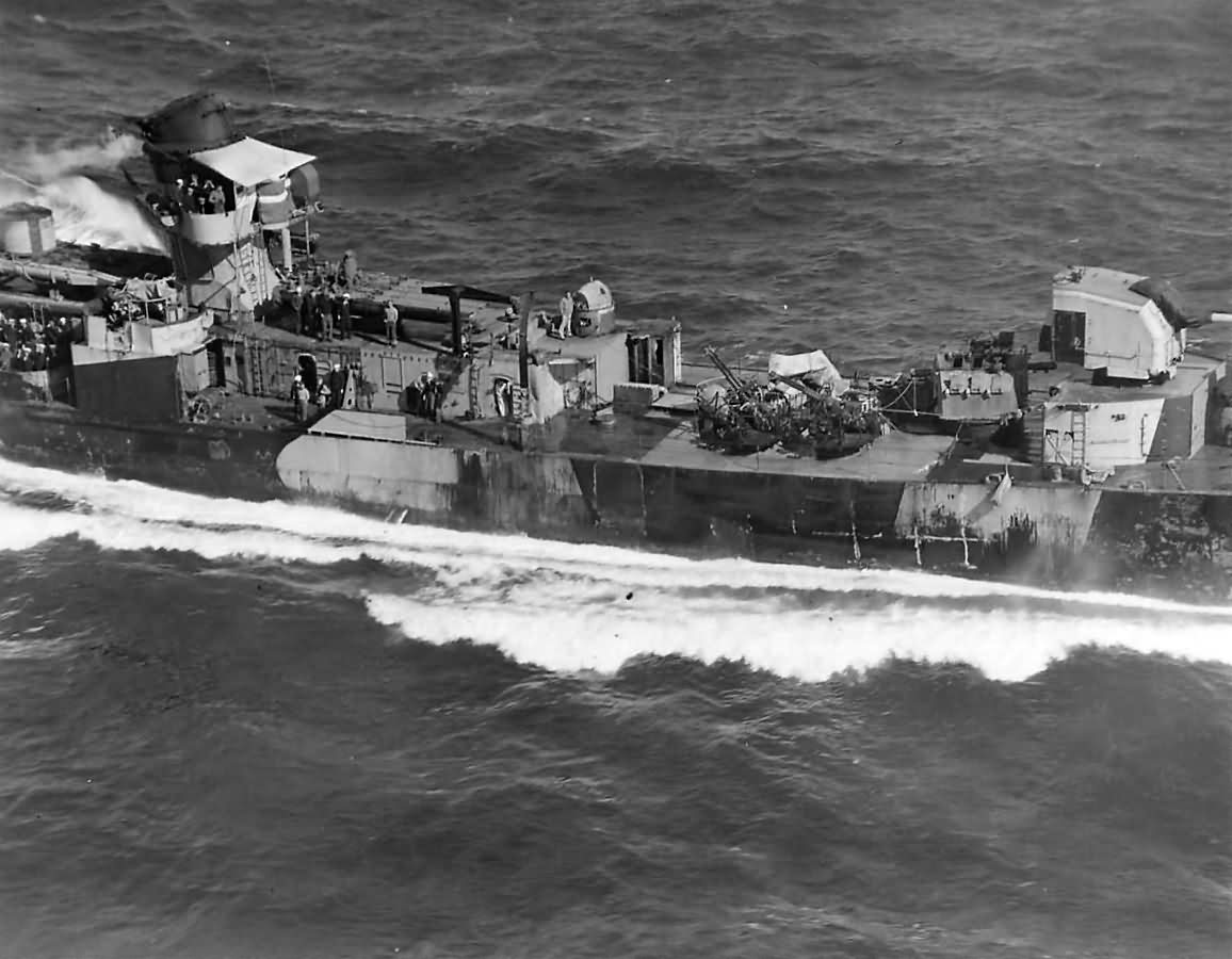 USS Hazelwood DD-531 limps home after Kamikaze Hits off Okinawa 1945