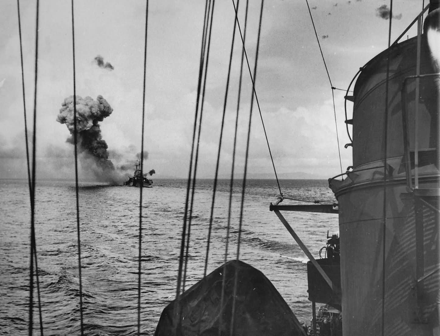 USS St. Louis CL-49 being hit by Japanese kamikaze Plane off of LEYTE Island