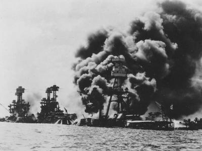 Burning USS Arizona, USS West Virginia and USS Tennessee Pearl Harbor attack