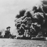 Burning USS Arizona, USS West Virginia and USS Tennessee Pearl Harbor attack