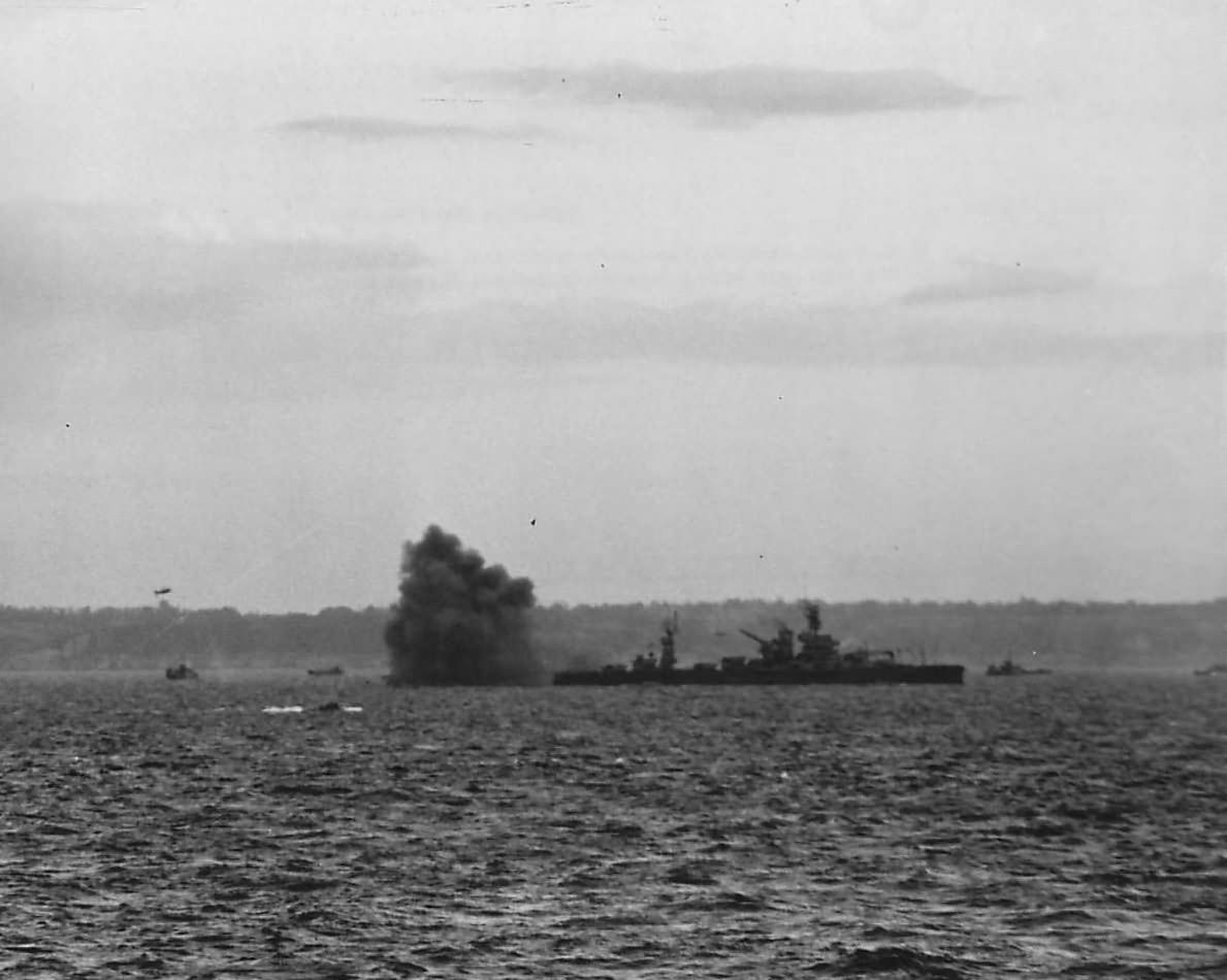 Battleship USS Arkansas fires at German positions, Omaha Beach on D-Day