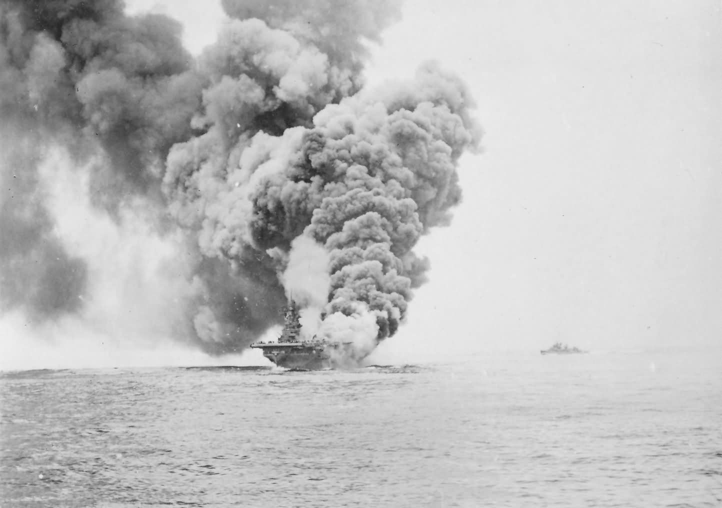 Burning aircraft carrier USS Bunker Hill CV-17 May 11, 1945