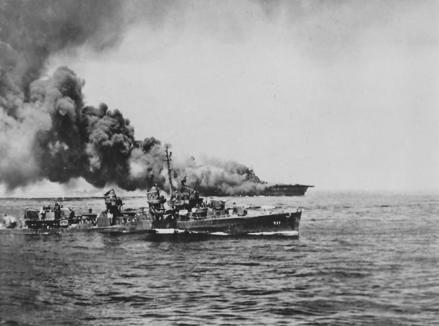 USS Bunker Hill CV-17 on fire Okinawa
