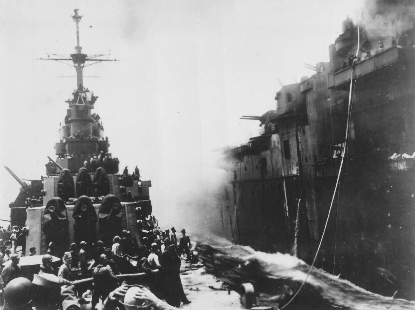 Cruiser USS Wilkes Barre helps USS Bunker Hill May 11 1945 Okinawa