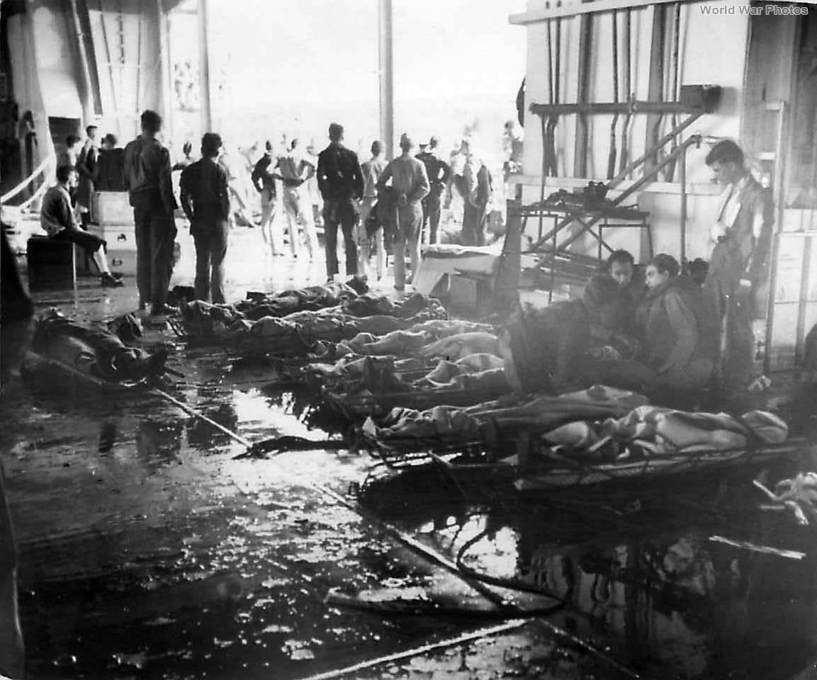Wounded line deck of USS Bunker Hill after Kamikaze Attack 45