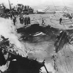 Hole in Flight Deck of USS Bunker Hill CV-17 after Hit off Okinawa